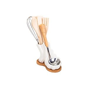 Organizador de Talheres em Porcelana com Base de Bambu