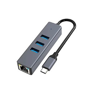 Hub Adaptador USB-C RJ45 USB 3.0 4 Em 1 - Cinza