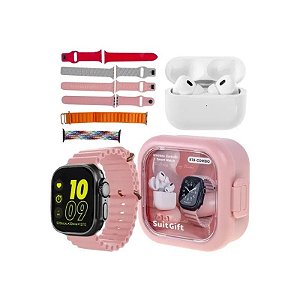 Kit Relógio K18-Combo 49mm com Bluetooth + Fone de Ouvido Sem Fio + Estojo Rosa