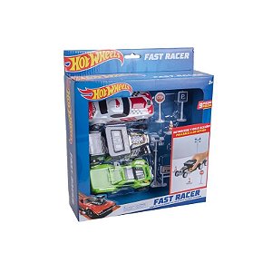 Kit Hot Wheels Fast Racer de Retrocesso 3 Carros 13 CM + 6 Acessórios