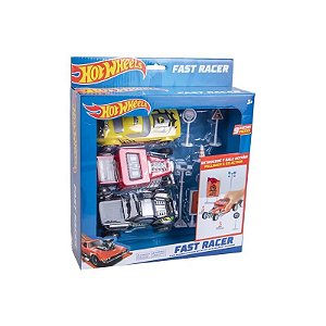 Kit Hot Wheels Fast Racer de Retrocesso Carrinhos: 3 Carros 13 CM + 6 Acessórios