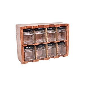 Porta Condimentos com Base de Madeira com 8 Frascos de Vidro