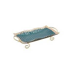 Bandeja de Porcelana com Suporte Metálico - Azul com Detalhes Dourados