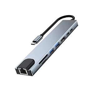 Hub USB-C 8 Em 1 USB/ USB-C/ HDMI/ SD/ TF/ RJ45 1000MBPS - Cinza