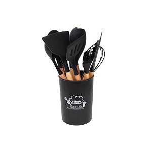Jogo de Utensílios de Cozinha de Silicone com 12 Peças Preto
