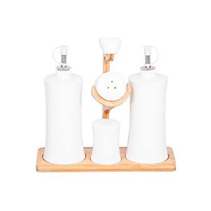 Conjunto de Condimenteiro de Cerâmica com 4 Peças + Suporte
