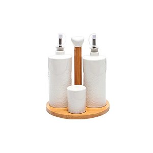 Saleiro de Cerâmica com Base de Bambu com 4 Peças