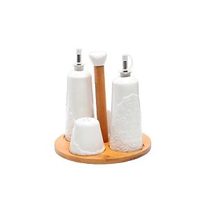 Condimento de Cerâmica 4 Peças com Suporte de Bambu