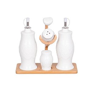 Kit de Condimentos de Cerâmica – Conjunto com 4 Peças + Suporte