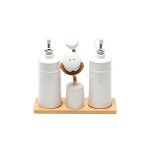 Conjunto de Condimenteiro de Cerâmica com 4 Peças + Suporte de Bambu