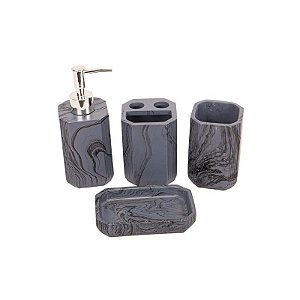 Kit Banheiro Porcelana Cinza Marmorizado 4 Peças
