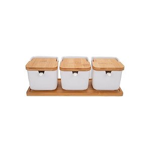 Pote de Porcelana com Tampa de Bambu 10cm x 8cm com Tampa