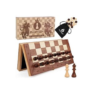 Jogo de Xadrez e Damas Magnético Dobrável de Madeira 30cm