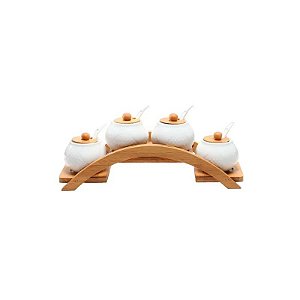 Conjunto de Potes de Cerâmica com Colher – 4 Peças 6X8 CM + Suporte