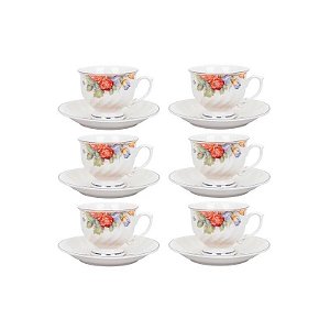Jogo de Chá de Porcelana 12 Peças (6 Xícaras/Pires) Flores