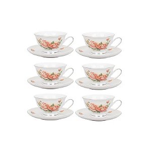 Jogo de Chá de Porcelana 12 Peças (6 Xícaras/Pires) Flores