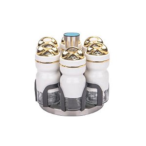 Porta Tempero Giratório Condimento 6 Peças Inox Branco Redondo