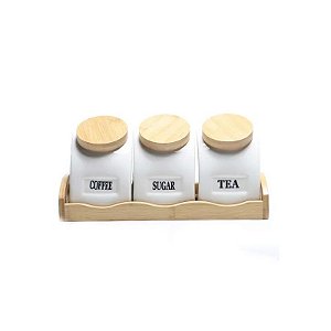 3 Peças de Potes de Cerâmica com Tampa e Base de Bambu
