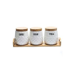 Conjunto de Potes de Cerâmica com Tampa e Base de Bambu 3 Peças 12x10 CM