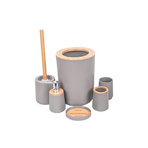 Jogo de Banho Plástico com Bambu 6 Peças - Cinza