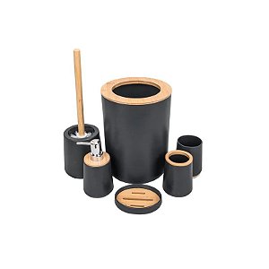 Jogo de Banho Plástico com Bambu 6 Peças - Preto