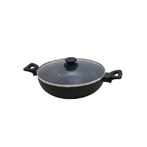 Wok com Tampa de Vidro Alumínio com Teflon Preto 30 cm x 8 cm