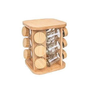 Suporte Giratório de Bambu para Temperos com 12 Frascos de Vidro