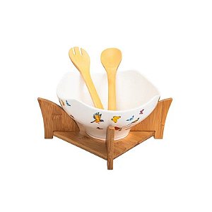 Tigela de Porcelana com Suporte de Madeira e Palitos de Bambu