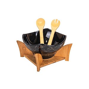 Tigela de Porcelana com Suporte de Madeira e Palitos de Bambu