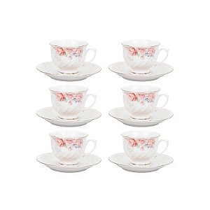 Jogo de Chá em Porcelana 12 Peças (6 Xícaras/Pires) Flores