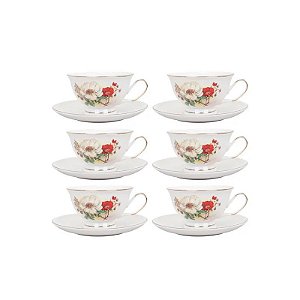 Jogo de Chá de Porcelana 12 Peças (6 Xícaras/Pires) Flores