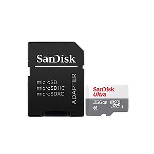 Cartão de Memória Sandisk Ultra, 256GB, Micro SDXC, C10, 100MB/s, SDSQUNR-256G-GN6TA