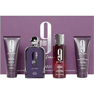 Kit Perfume Afnan 9PM EDP 100mL + Loção Corporal + Gel de Banho + Névoa Corporal (100mL)