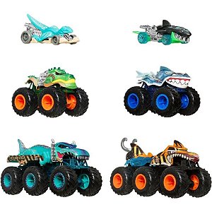 Kit Carros Tubarões VS Dinossauros Multipack Hot Wheels Monster Trucks - Mattel JGD68