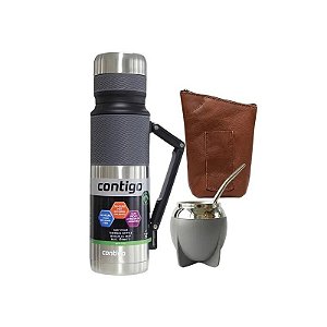 Kit Térmico Contigo + Cuia + Bomba + Porta-Erva 100% Couro - Aço Inoxidável 1,1L