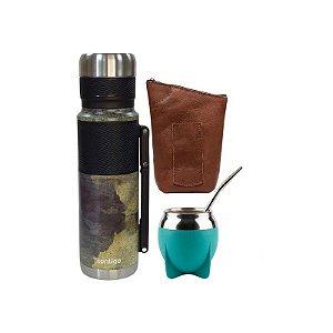 Kit Térmico Contigo + Cuia + Bomba + Porta Erva 100% Couro - Cammo 1.1L