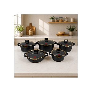 Conjunto de Panelas de Indução Antiaderentes Ucc Life de 10 Peças, Preto/Dourado.