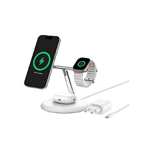 Carregador Wireless Belkin WIZ023VFWH 3 em 1 15W Magsafe QI2 Suporte iPhone-Watch-Airpod 15W Branco