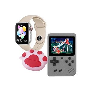 Kit Relógio K9-Combo Mini Hip Hop Bulldog 41 MM com Bluetooth - Prata/Bege
