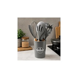 Jogo de Utensílios de Silicone 12 Peças com Suporte Cinza