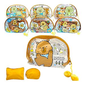Kit Necessaire Transparente Capivara 3 Peças Organizadora Maquiagem Viagem com Zíper