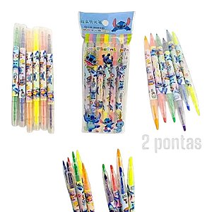 Kit 6 Marca Texto Ponta Dupla Hello Kitty e Stitch Neon para Estudo e Lettering