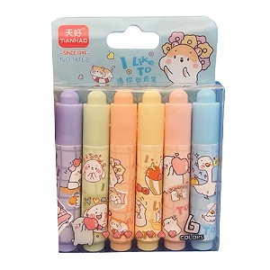 Kit Mini Marca Texto Kawaii Tianhao 6 Cores Papelaria Fofa