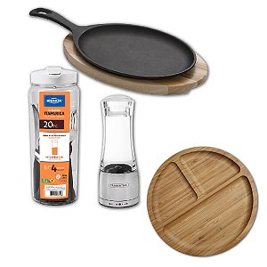 Kit Grill Tábua + Moedor + Faqueiro 20pç + Petisqueira Bambu