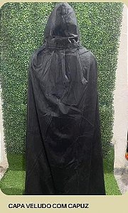 CAPA DE VELUDO PRETA COM FORRO DE CETIM PRETO E CAPUZ