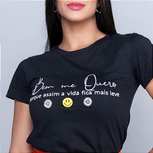 Camiseta T-Shirt Feminina Bordada Bem Me Quero - Preta