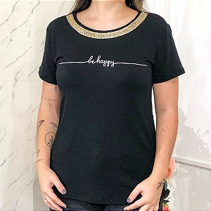 Camiseta T-Shirt Feminina Be Happy - Preta