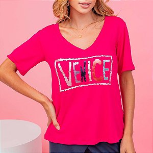 Camiseta T-Shirt Feminina Gola V Venice - Pink