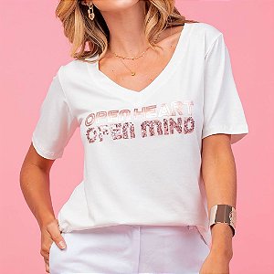 Camiseta T-Shirt Feminina Gola V Open Heart - Off White