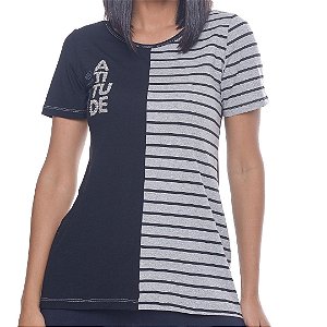 Camiseta Long Slim Bicolor Atitude - Preto e Listrado Cinza